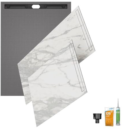 Receveur de douche à carreler 160 x 100 WEDI Fundo Riolito Neo + revêtement Top marble white + colle + ecoulement linéaire vertical + kit étancheité