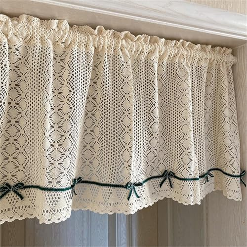 champracer Rideau brise-bise aspect crochet, rideau court à motif de fleurs rétro au crochet pour maison de campagne, rideau court pour petite fenêtre de cuisine ou de porte avec frange (1 pièce, H 90