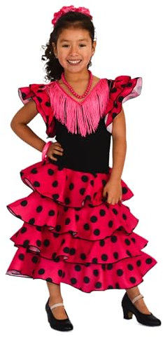 AMARU SANCHESU Vestido de niña para Danza Flamenco o sevillanas (FR/ES, Edad, 6 años, Regular, Fucsia Topo Negro)