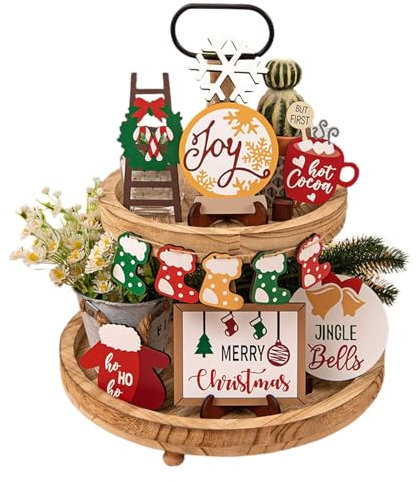 Christmas Set Of Tiered Tray Decoration Christmas Stocking Ornament Road Sign Fall Country Farmhouse Wood Beads Perfect For Table Decor