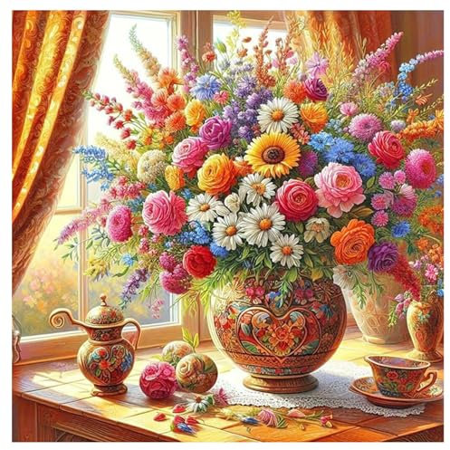 TDFERAN 40x40CM Diamond Painting Fleurs Colorées, Fleurs dans un Vase Près de la Fenêtre Kit Complet de Peinture Diamant, Tableau Diamond Painting Fleurs, Puzzle Diamant Adulte Fleurs