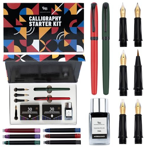 Wordsworth and Black Kalligraphie-Stiftset - Grün - 2 Kalligraphie-Stifte, 18-ML-Tintenflasche, 60 Tintenpatronen, Tintenauffüllkonverter, 1 mittlere und 4 breite Federn, Pinselstift