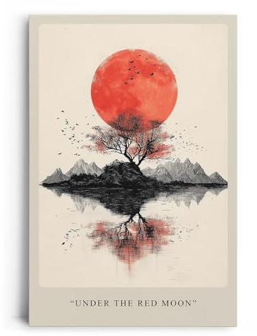 Paul Sinus Leinwandbild 60x90cm Under the Red Moon – Japan, Mond, Minimalismus, Natur, Kunst, Ruhe, Meditation, Ästhetik, Symbolik, Balance