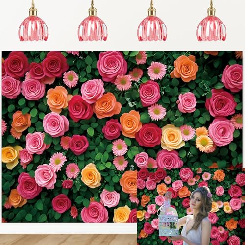 Flower Wall Backdrop Colorful Rose Floral Green Leaf Wall Photography Background Wedding Bridal Shower Birthday Party Decoration Background (7X5FT (210x150cm))