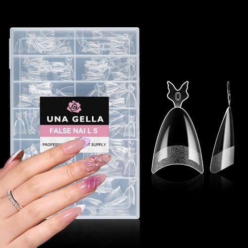 UNA GELLA Nail Tips 504Pcs Almond False Nails Half Cover Acrylic Gel Nails | Pre-shaped Half Cover with Handle Clear Almond Fake Nails for Extensions Nail Art DIY Salon 12 Sizes