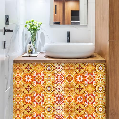 Mosaikfliesen Orange Mandala Selbstklebende Fliesen Küche PVC Fliesensticker Wasserdicht Klebefliesen Selbstklebend Fliesenaufkleber Boden Ölfest Tile Sticker Bad Fliesen zum Kleben 30x30cm/20 Pcs