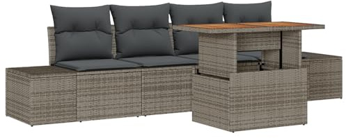 vidaXL 5-teiliges Garten-Sofaset mit Kissen in Grau aus Poly Rattan. Stylische und wetterfeste Gartenmöbel für bis zu 4 Personen. Mit Stauraum, perfekt für Balkon oder Terrasse. Modulares Sofa.