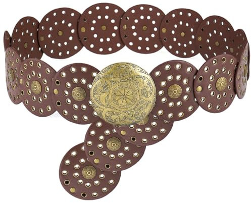 Damen Nieten Kreis Gürtel - Breiter Gürtel für Frauen, Western PU Cowboy-Gürtel mit klobigen Nieten, Concho-Details, verstellbarer Taillengürtel für Kleider, Mäntel, Jeans, Braun mit Bronze, 150