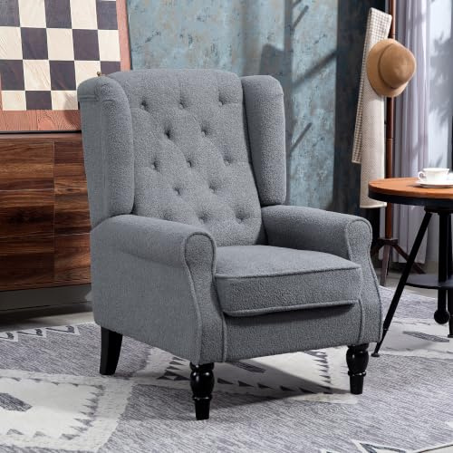 HOMCOM Wingback Accent Chair Teddy Fleece Armchair High Back Grey | Thick Spring Cushion, Solid Wood Legs, Retro Button Tufted, Reading, Living Room, Bedroom