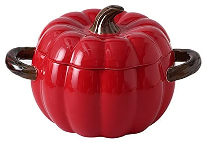 HAJHI Keramik Schmortopf Kürbis Dutch Oven mit Deckel Instant-Nudel Schüssel Mikrowelle Tontopf Zwei Griffe für Wohnheime(Rot)