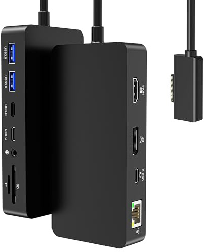 Surface Docking Station 12-in-1, Dreifach-Display 4K@60Hz Dock mit HDMI, DP, USB-C, 4-Bildschirm Unterstützung, 4 USB-Anschlüsse, SD/TF, Audio für Surface Pro 11/10/9/8/7, Surface Laptop, Book, Go