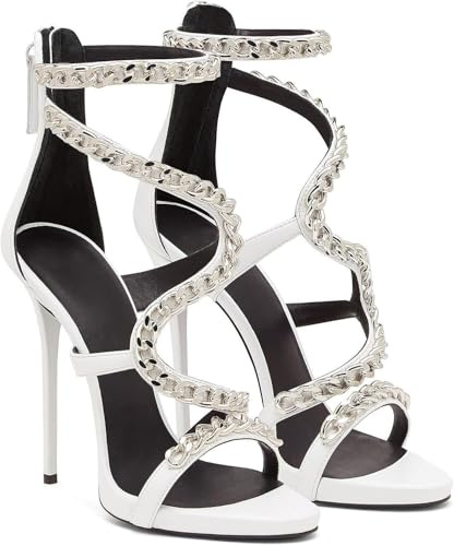 High Heels Damen Stiletto Offene Zehe Kette Sandalen Reißverschluss Pumpe Hochzeit Braut Party Abschlussball Kleid Schuhe 12cm Weiß, White, 42 EU