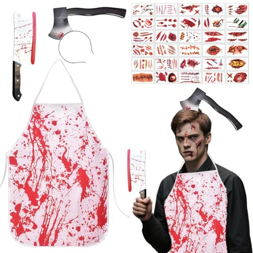 Aethryon Deguisement Halloween Homme Femme - Boucher Costume Halloween Déguisement Adulte Horreur Avec, Couteau Hallo-ween, Serre Tete de Hache, Tablier, Gants et 30 Tatouages Autocollants