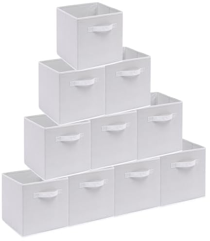 BonChoice Foldable Storage Cubes Boxes Pack of 10 with Handle for Home Organization, Fabric Wardrobe Storage Box Organizer Basket Bins for Clothes Toys, Collapsible&Durable (10, White, 26.5x26.5x28cm)