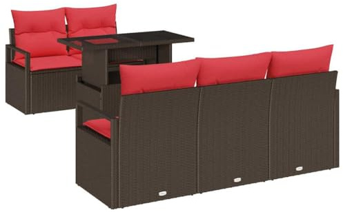 vidaXL Gartensofa-Set mit Speicher 6 pcs Braun und Rot Poly-Rattan, Garten und Terrasse, stilvolle rechteckige Möbel, langlebige Sofas, UV-beständig, Flexibles Set für Komfort