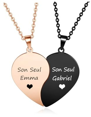 JSDDE Collier Coeur Separable pour Couple Personnalisé Prénoms Initiales en Acier Inoxydable Colliers Couple Amoureux Gravure Séparé en 2 BFF Collier Amitié pour Meilleurs Amis Cadeau Anniversaire