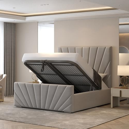 Furnishion Sunrise Double Bed with Storage and Mattress Included, Modern Velvet Ottoman Double Bed with Mattress and Storage, Luxury Frame with Mesh Metal, Gas Lift & Headboard in Grey Plush