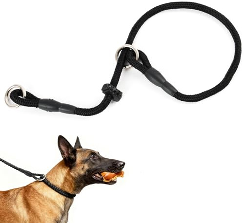 Slip Dog Collar Nylon, P Collar Dogs Training for K9 IGP Obedience, Thin Strong Cord with Adjustable Limiter, Waterproof Handmade with Chromed Rings, Professional Tool for Agitation Bite Work Black L
