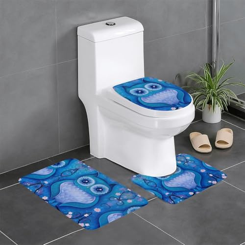 BLWSLC Badvorleger, saugfähig, Motiv: blaue Eule, 3-teiliges Set, geeignet für Zuhause, Spas und Hotels