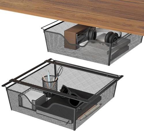 CADUKE Schreibtisch-Organizer, Unter Tisch Schublade Große Kapazität Veranstalter, Schwarz Metallschublade Untertisch-Aufbewahrungsbox, Versteckte Schubladenboxfür Büro zu Hause Schule, 2 Pack