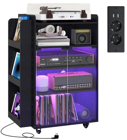 YU YUSING Meuble Vitrine CD Chaine HiFi à 5 Niveaux avec Éclairage RGB 20 Couleurs, Prise Intégrée et Roulettes, Meuble Platine Vinyle, Étagères Réglables, Tourne Disque, DVD, Salon/Bureau/Studio