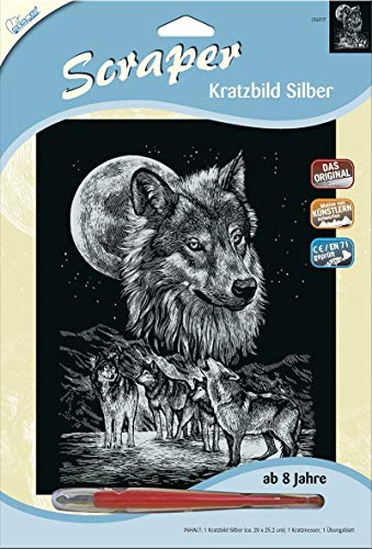 Mammut Spiel & Geschenk 136017 Kratzbild, Motiv Wölfe, Silber, glänzend, Komplettset mit Kratzmesser und Übungsblatt, Scraper, Scratch, Kritzel, Kratzset für Kinder ab 8 Jahre