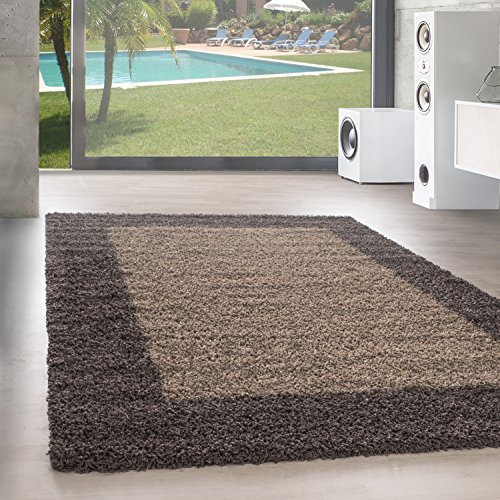 SIMPEX Teppich Wohnzimmer Shaggy Moderne Bordüre Design Taupe 240 x 340 cm - Hochflor Teppich Schlafzimmer Extra Weich und Pflegeleicht - Flauschiger Teppich Langflor für Küche Carpet Living Room
