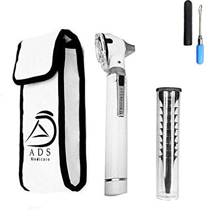 ADS Medicare Mini Otoscope ENT Optical Fibre LED Illumination Medical Tool Diagnostic Examination CE Approved with Complimentary Ear Cleaner & Spare Bulb (White)