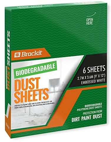 Brackit 6er-Pack biologisch abbaubare große Kunststoff-Staubschutzfolien zum Dekorieren – 2,7 m x 3,6 m – 20 Mikron – geprägte weiße Blätter zum Malen – wasserdichte Kunststofffolien zum Malen und