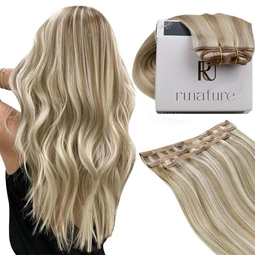 RUNATURE Clip in Extensions Echthaar Braun Mit Blond 30cm 3Pcs Remy Echthaar Extensions Clip Kurz Glatt Invisible Clip in Extensions Echthaar Seamless 50g Aschbraun Mit Platinblond Farbe #8P60