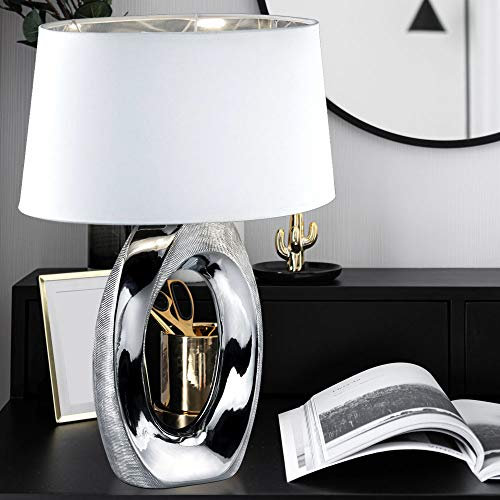 etc-shop Tischlampe Silber Keramik Tischleuchte, LED Warmweiß 5W 470lm, Textil-Schirm Weiß, Design Nachttischlampe, Leselampe, H 52 cm