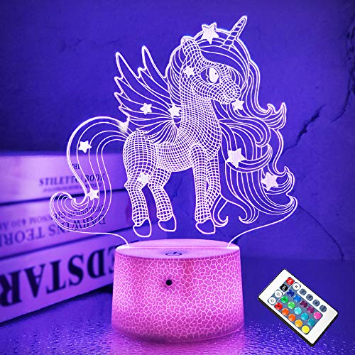 CooPark Einhorn 3D Lampe, Kinderzimmer Illusions LED-Nachtlicht mit 16 Farbwechseln und Fernbedienung, Schlafzimmer-Schreibtisch-Geburtstags Feiertags Weihnachtsgeschenke für Kinder freunde