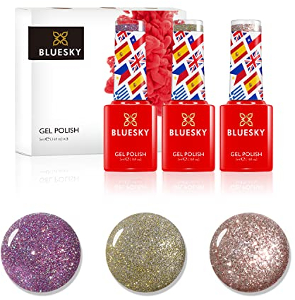Bluesky -Gel -Nagellack -Set, 10 -jährige Jubiläumskollektion, Set 3, 3 x 5 ml, Pink, Mauve, Nackt, Pastell, feiner Glitzer (erfordert Heilung unter UV oder LED -Lampe)