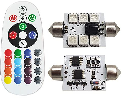 Ruiandsion Lot de 2 ampoules LED RGB 41 mm avec télécommande, 569 578 211-2 212-2 LED Changement de couleur pour intérieur de voiture
