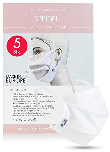 NEU: Speidel Mund-Nasen-Maske mit Abperlbeschichtung – Mundschutz waschbar, Premium Baumwollmaske (5 Stück Weiß)