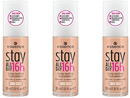 essence stay ALL DAY 16h long-lasting Foundation, Make Up, wischfest, wasserfest, Nr. 30 Soft Sand, nude, langanhaltend, mattierend, matt, vegan, ölfrei, wasserfest, 3er Pack (3 x 30ml)