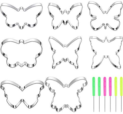 8 Pieces Butterfly Cookie Cutter Set Stainless Steel Biscuit Cutter Sandwich Chocolate Fondant Biscuit Cake Mould and 6 Pieces Sugar Stirring Pins for Kitchen Baking
