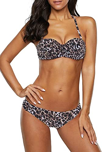 Dokotoo Bandeau Bikini Damen Push Up Zweiteilige Badeanzug Bademode Bikini Set, 03-Leopard, L