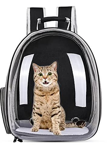 PETCUTE Haustier Katzen Rucksack,Hunde Rucksack für Kleine Katzen und Hunde,Atmungsaktive 360 ° Sichtfeld Hunderucksack mit Raumkapsel Blase Design,zum Wandern, Reisen Schwarz