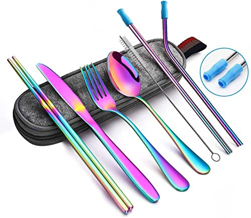 Set di posate con scatola in acciaio inox argenteria posate colore riutilizzabile-portatile-posateria-argento-scatola, compreso coltello/forchetta/cucchiaio/paglia (portatile RB)