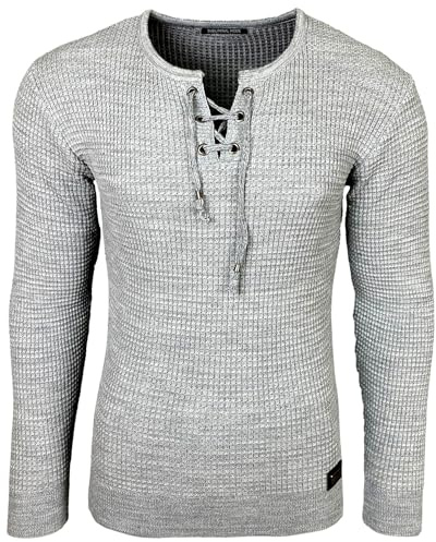 Subliminal Mode - Pull Over Homme Col Arrondi avec Cordon de Serrage Chic et Tendance Tricot Hiver en Maille Chiner Idée Cadeau Noel BX52132 Gris Clair S