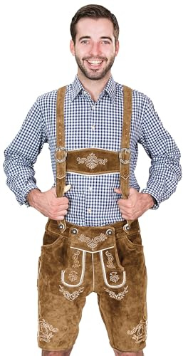 SYMPHONIE WESTERWALD Lederhose Herren kurz aus echtem Leder mit Trägern | Echtes Full-Grain-Leder mit Trägern und traditionellen Stickereien, ideal für Oktoberfest und Trachtenfeste