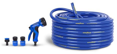 Goodyear - Manguera enrollable 25m. PVC reforzado de 3 Capas. Anti UV Anti Torsión. Manguera de jardín con pistola de riego 9 posiciones 3 conectores rápidos ½’’ ¾’’