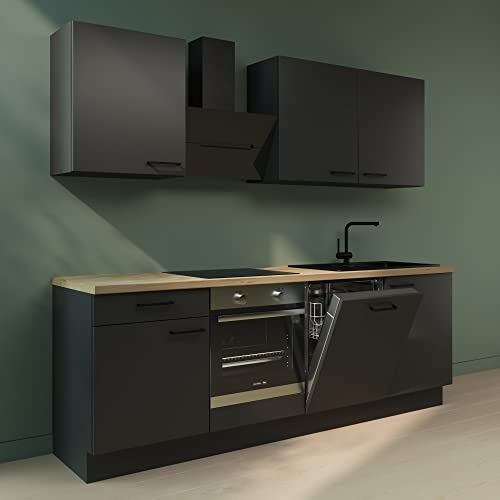 WALLERS Cuisine noire de 240 cm de long, lave-vaisselle intégré, four encastré, hotte, évier et mitigeur, plaque de cuisson 4 foyers (Plan de travail couleur chêne, Évier à droite)