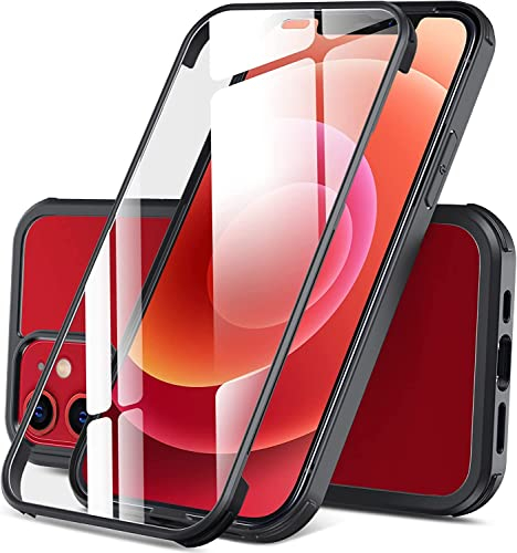 DOSNTO Double Sided Clear Case for iPhone 12/12 Pro (6.1''), Front and Back Full Body 360 Shockproof Drop Protection Phone Case Built-in Tempered Glass Screen Protector Rugged Phone Cover, Black