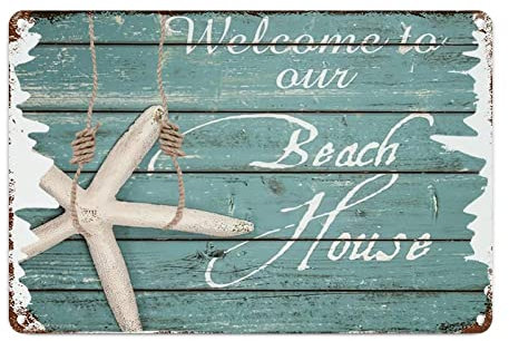 Sommer Strand Retro Wanddekoration Plaketten Welcome to Our Beach House Seestern Männer Höhlenschilder Strand Erinnerungen sind Metall Blechschild Wandschild Schild für Waschküche 30,5 x 20,3 cm