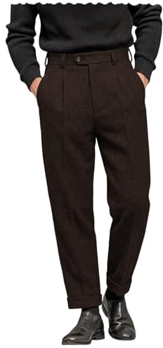 AeoTeokey Herren Anzughose Fischgrätenmuster Tweed Kleid Vintage Hose Casual Dicke Wolle Plissee Front, coffee, 38 W / 34 L