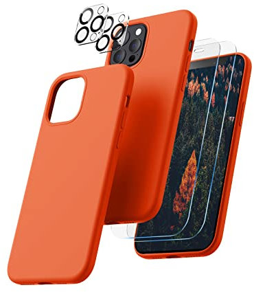 CALOOP 5 in 1 for iPhone 12 Pro Max Case 6.7,Liquid Silicone Case with 2 Pack Tempered Screen Protector + 2 Pack Camera Lens Protector,Slim Shockproof Phone Case Microfiber Lining,Kumquat Orange
