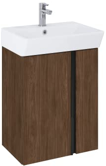 VBChome Badmöbel Set 50 cm Weiß Waschbecken mit Nuss Hängeschrank Waschtisch 2-Türen Soft-Close Seitengriff Modern Elegant