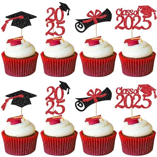 Xsstarmi 24 Stück rote Glitzer 2023 Graduation Cupcake Toppers Klasse 2023 Graduation Cap Diplom Cupcake Picks für 2023 Graduation Theme Party Kuchen Dekorationen